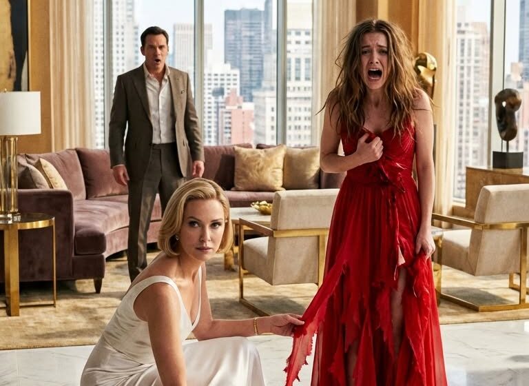  I never told my husband’s mistress that I owned the luxury apartment where she tried to humiliate me. He introduced her as a “distant relative.” She deliberately spilled red wine on the floor and ordered me to clean it. Calmly, I tore a strip from her designer dress and wiped the floor with it. She screamed, demanding my husband throw me out—but what he did instead shattered her pride.